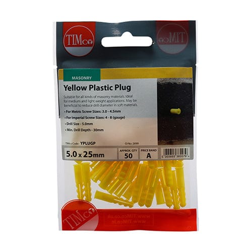 Timco - Yellow Plastic Plug 25mm - 50 PCS